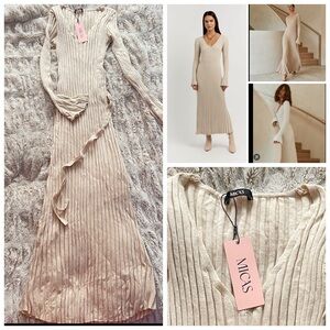 Micas V-neck Bell Sleeve Rib Knit Maxi Dress.